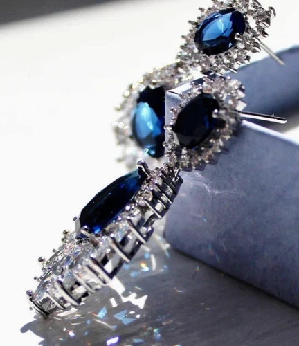 18k Platinum Plated Earrings Made Simulated Diamond Blue Marquise Stone