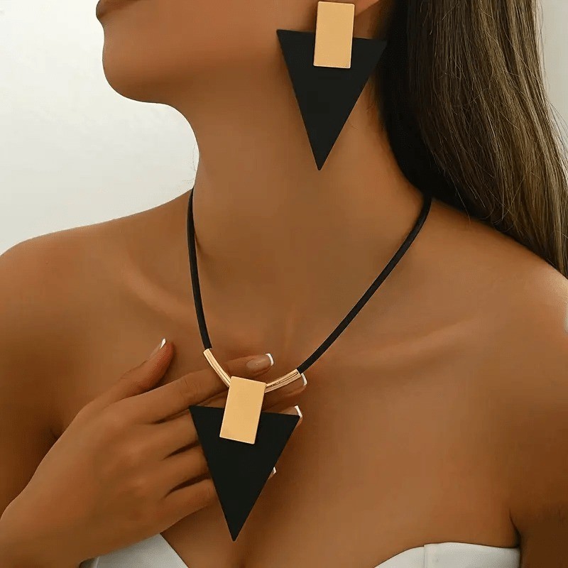 Women’s Geometric Triangle Jewelry Set Two-Tone Statement Necklace Ear Studs