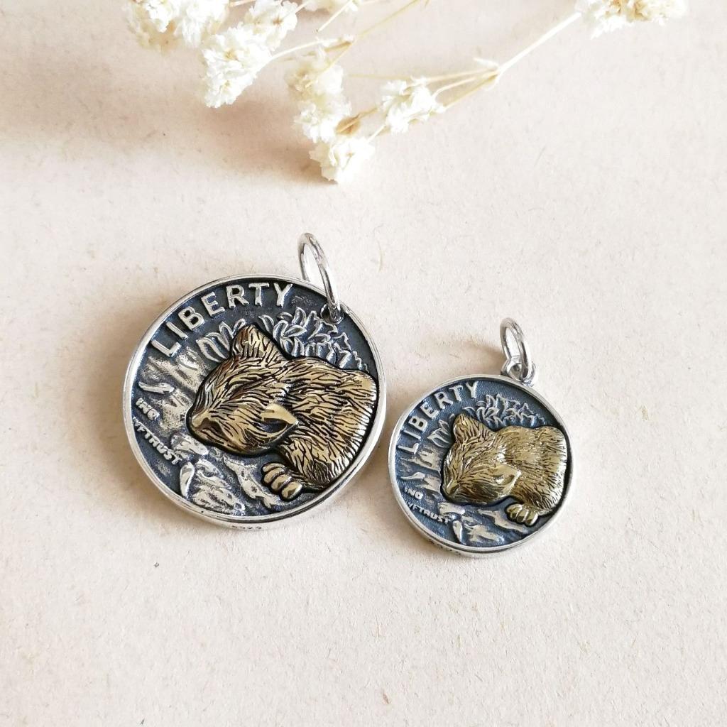 Sterling Silver & Brass Kitty Cat Coin Charm Pendant Double Sided Unique Fun