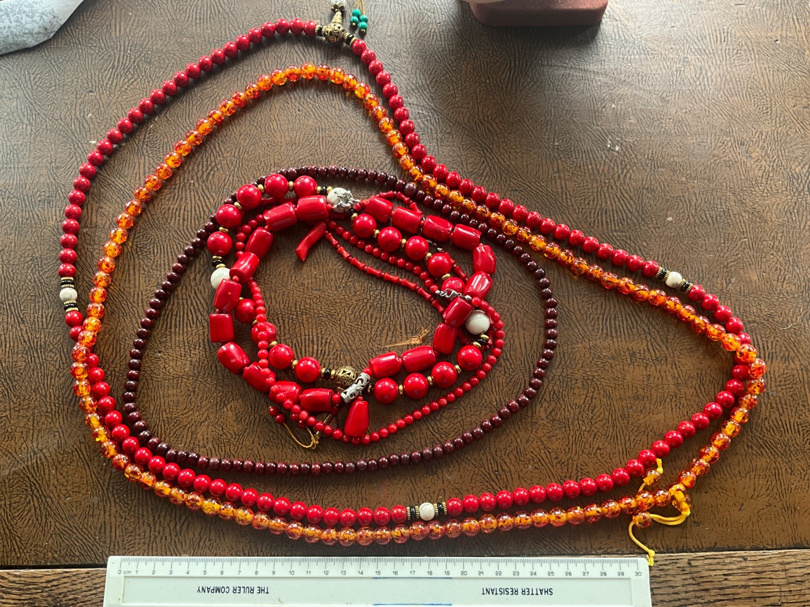 Vintage Bold Red Acrylic Resin Bead Necklace Lot 7 Pcs Chunky Boho Faux Coral