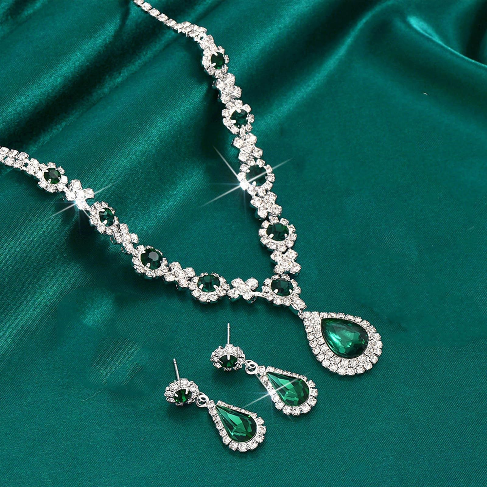 Silver Jewelry Set for Women Wedding Jewelry Sets for Brides Rhinestone Neckl…