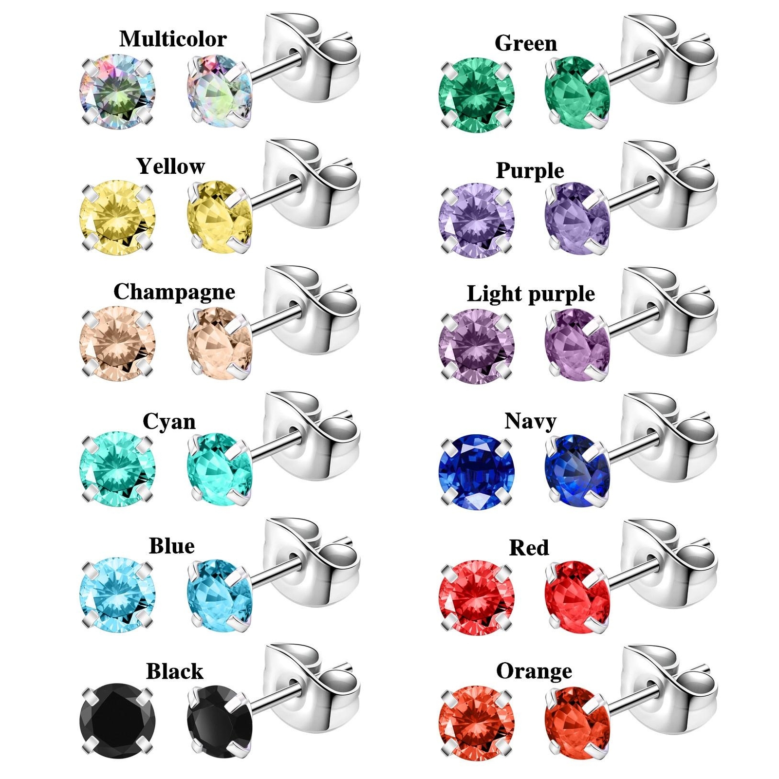 1 Pair 20G Stainless Steel Stud Earrings CZ Ear Studs Cartilage Piercing Jewelry
