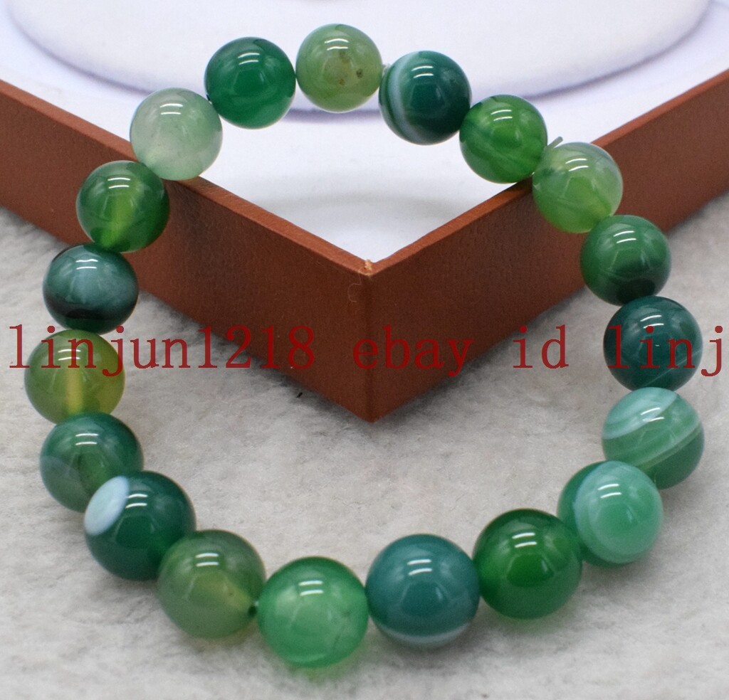 8mm 10mm 12mm Natural Green Striped Agate Round Gemstone Bracelet 7.5” AAA
