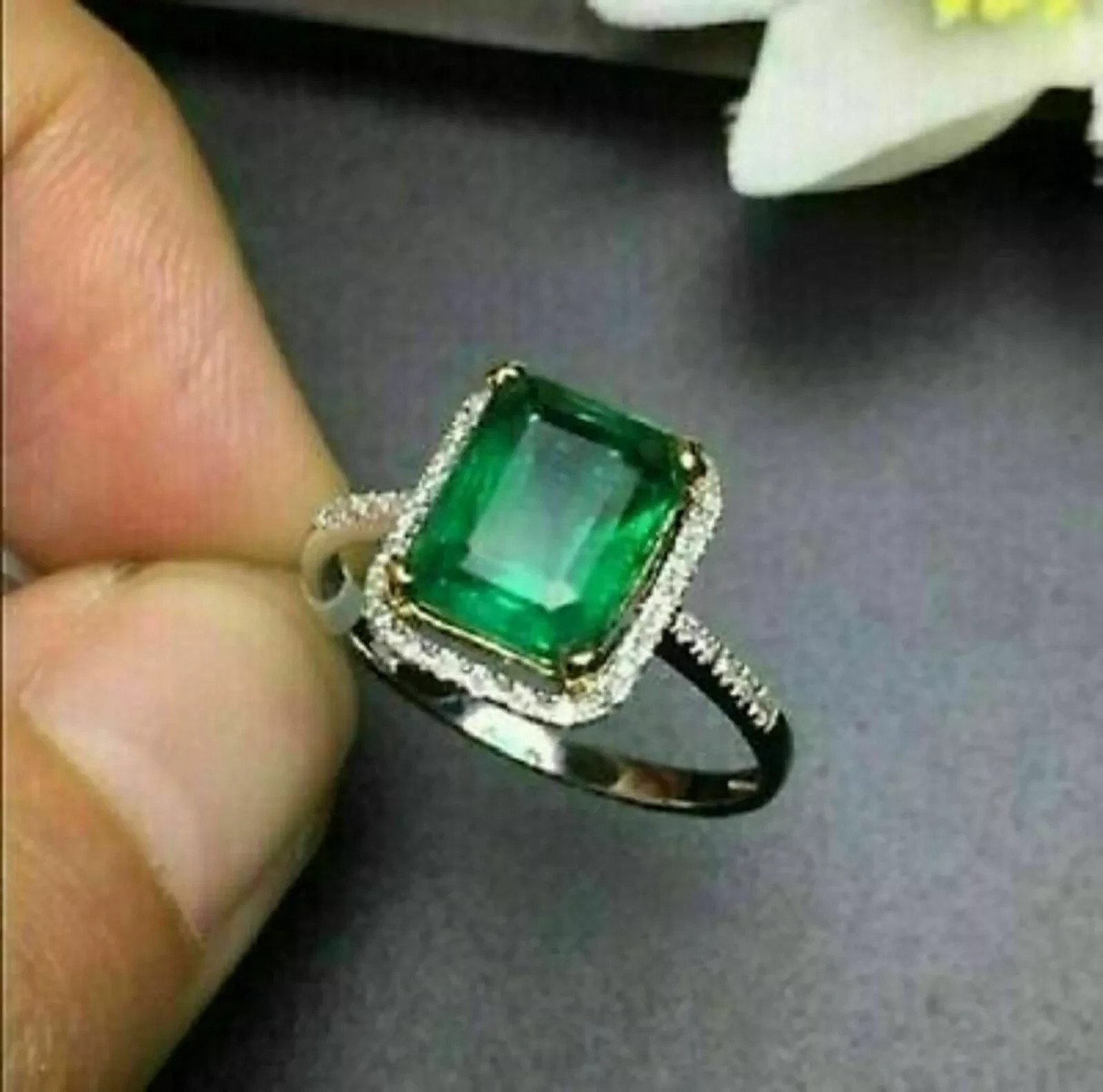 3.00Ct Simulated Emerald Green Emerald Engagement Ring 14K White Gold Plated
