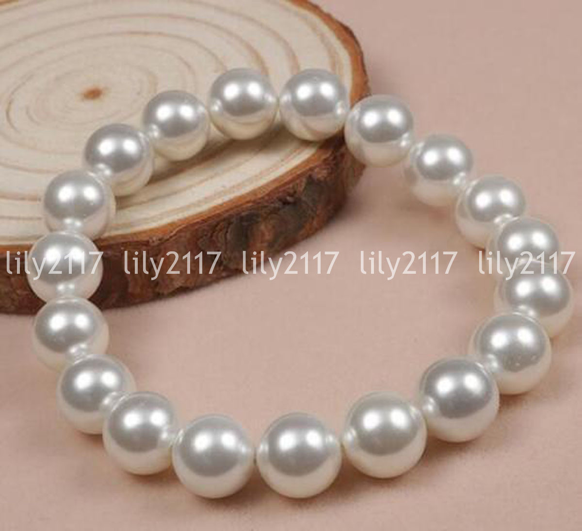 Fashion 4 Colors 10mm South Sea Shell Pearl Round Beads Elastic Bracelet 7.5”
