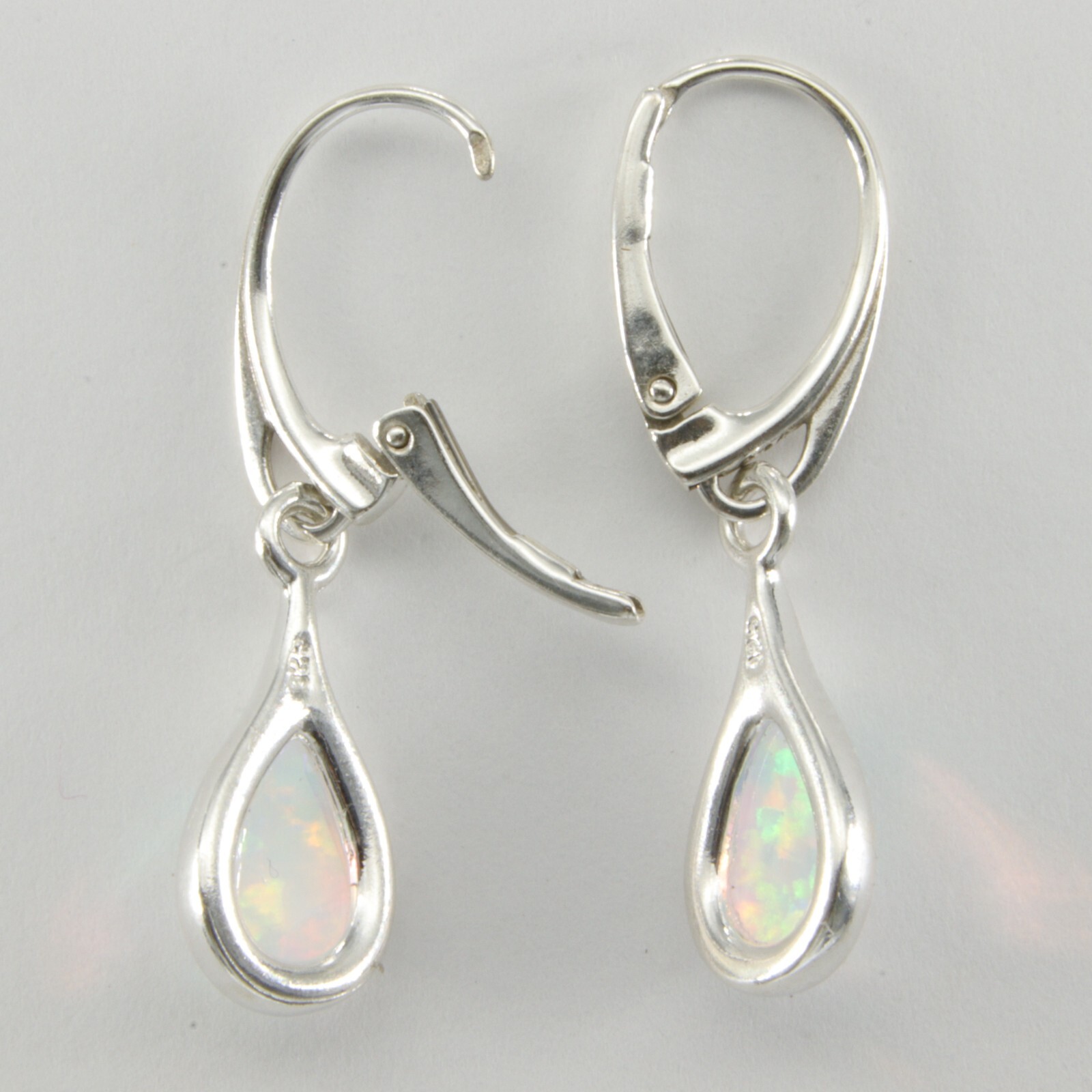 White FIRE OPAL Teardrop / Pear Leverback Earrings – 925 STERLING SILVER #545e