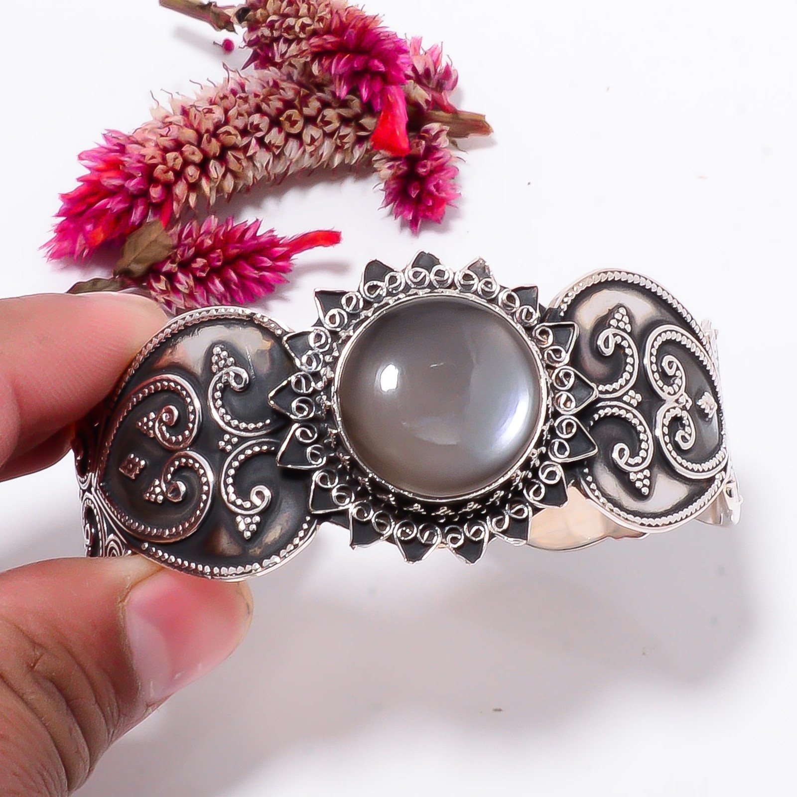 Gray Moonstone – Sri Lanka 925 Sterling Silver Bali Cuff|C968358552