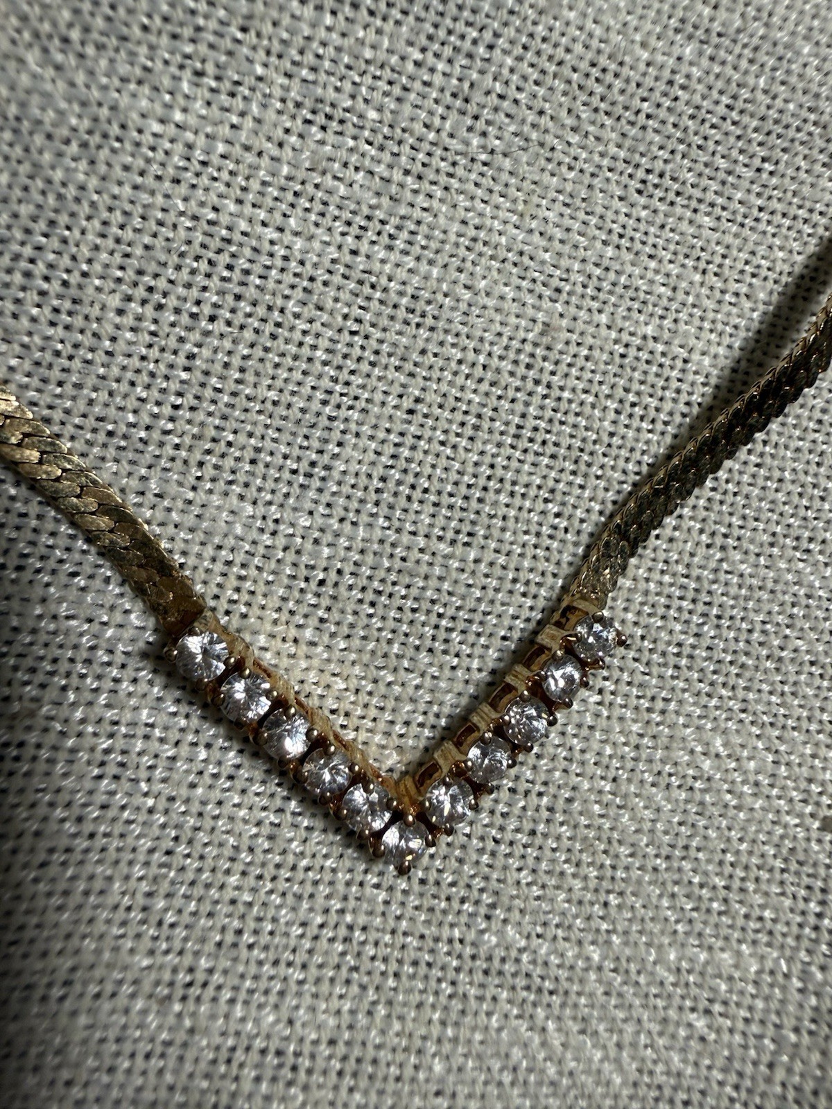 Gold Tone Herringbone Chain Necklace V Pendant Cubic Zirconia Spring Ring 16 in