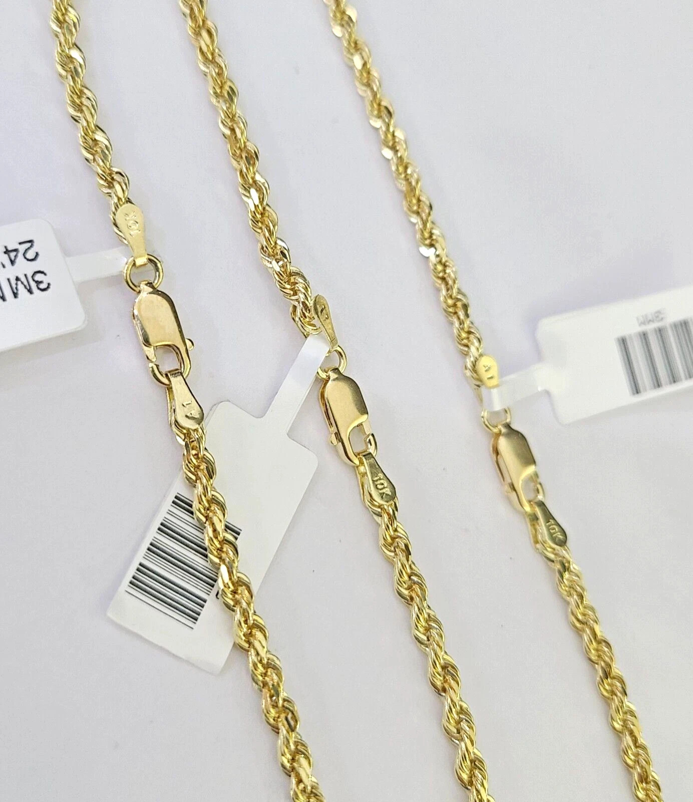 Real 10k Yellow Gold Rope chain Mens Necklace 3mm 22 Inch Diamond Cut For Unisex