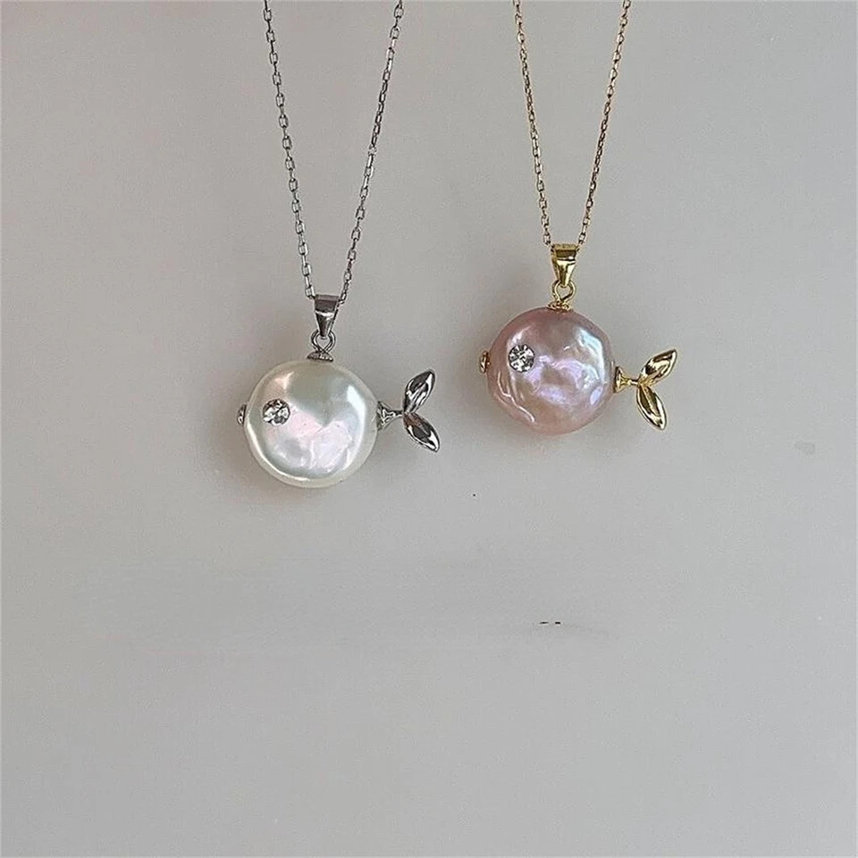 Clownfish Pendant Necklace Pearl Fish Shape O Chain Marine Theme Jewelry