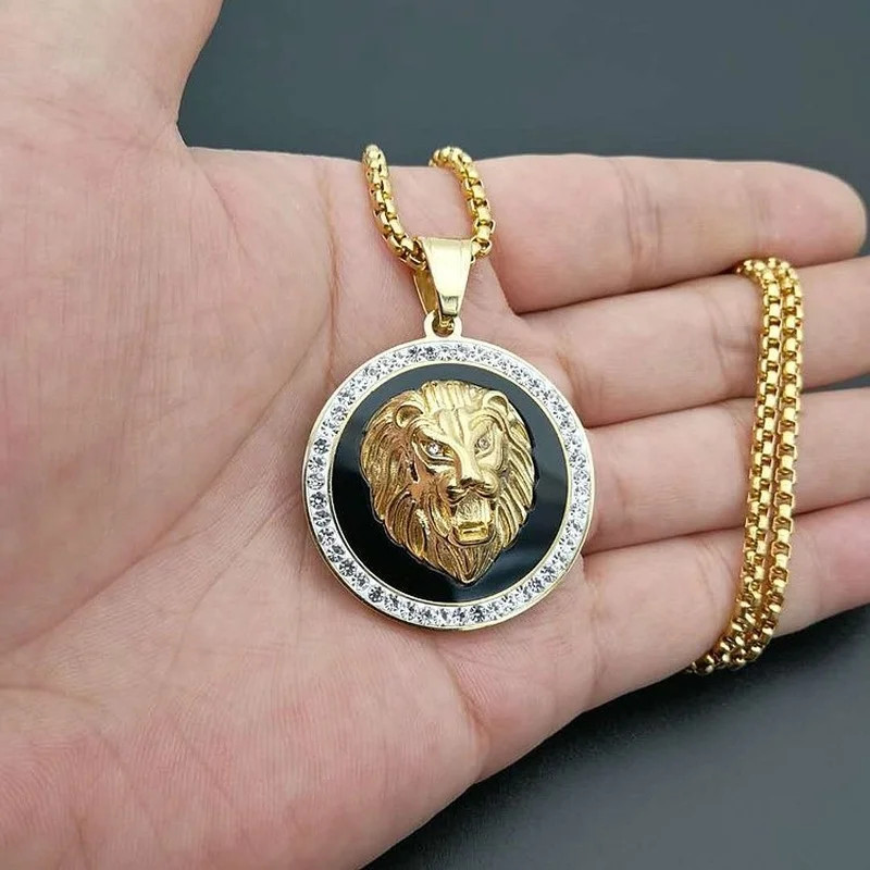 Gold Plated Lion Head Pendant Necklace Titanium Steel Hip Hop Jewelry for Men