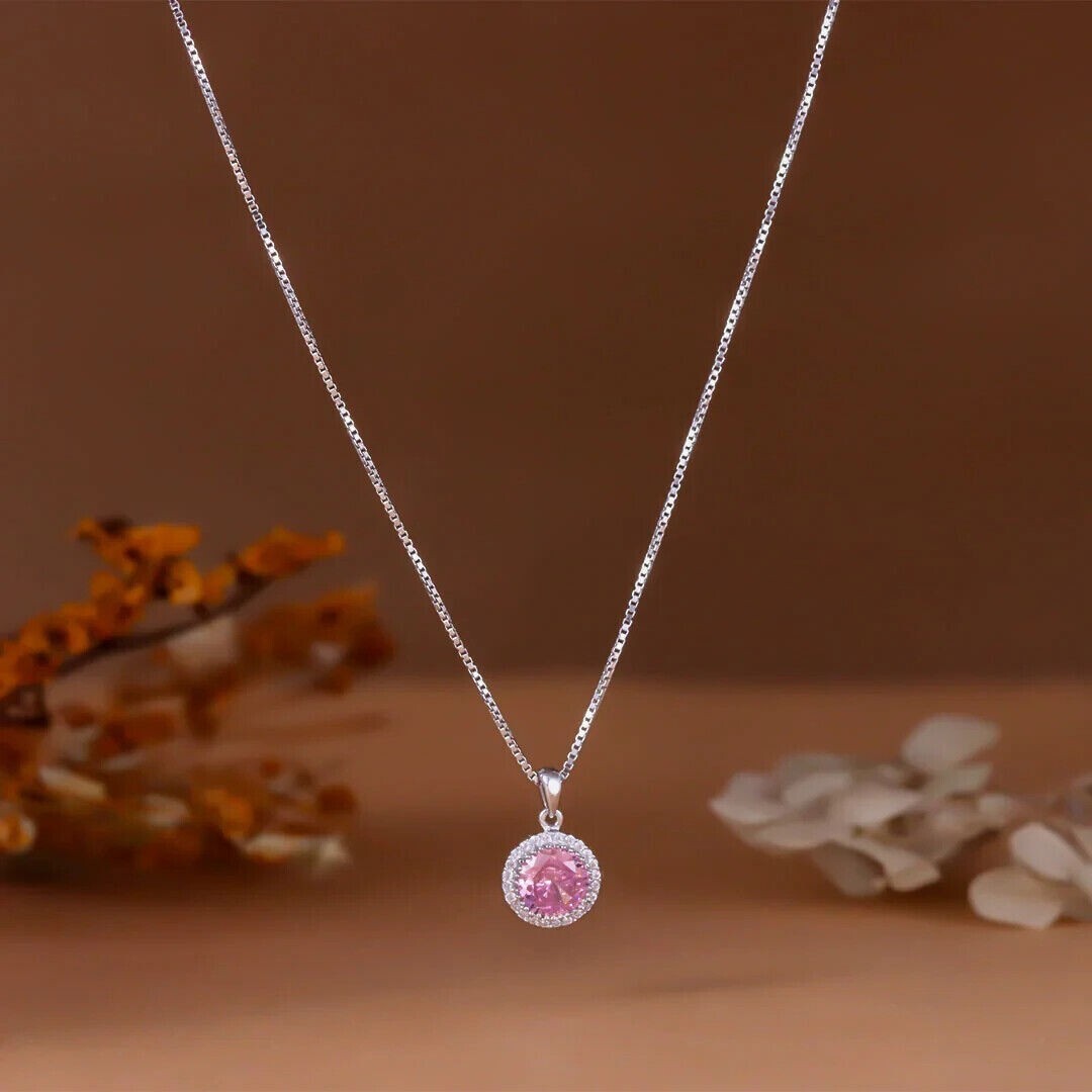 2Ct Round Cut Simulated Pink Sapphire Halo Charm Pendant 14K White Gold Plated