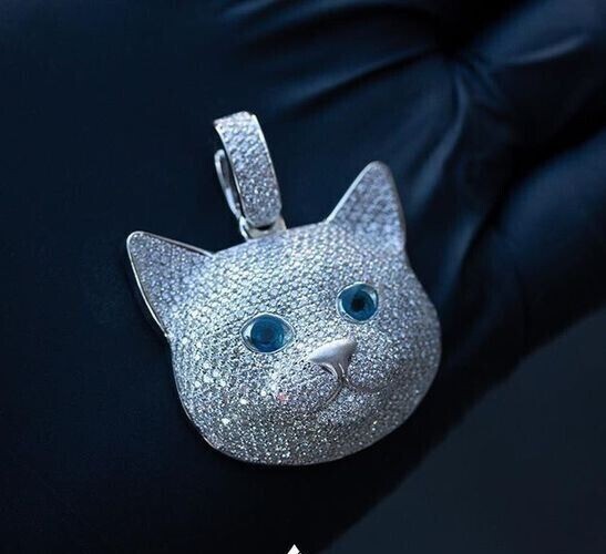 Round Simulated Diamond Stunning Cluster Cat Face Pendant 14K White Gold Plated