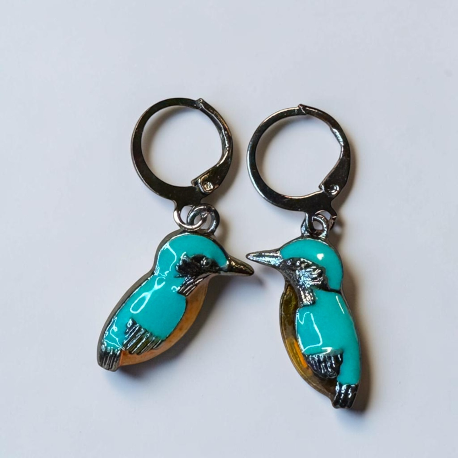 Kingfisher Bird Hoop Earrings Turquoise Enamel Silver Tone Cute Nature Wildlife