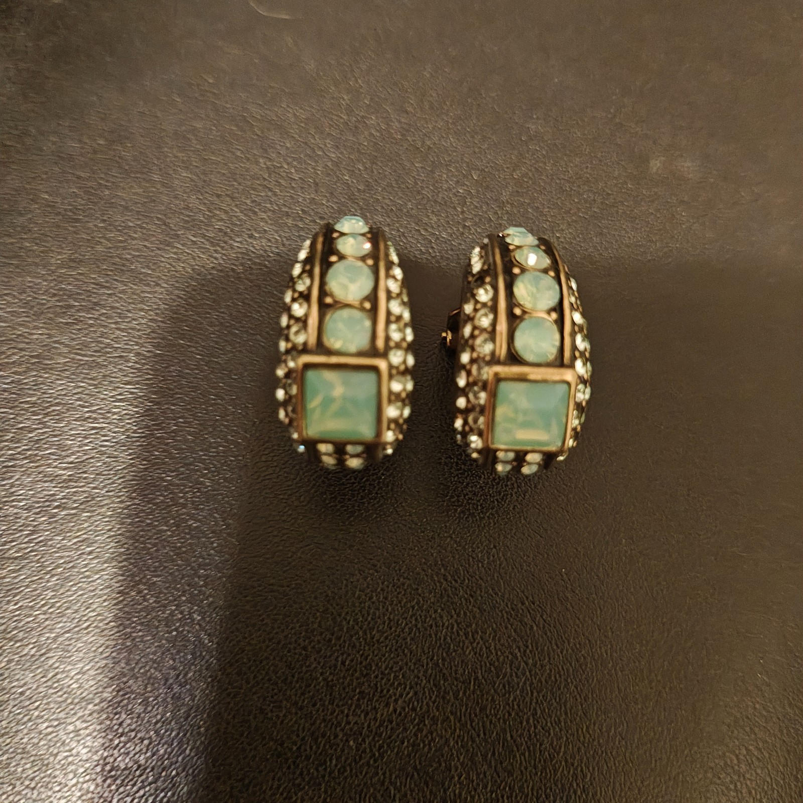 Heidi Daus Signed Bronze Art Deco Hoop Earrings Faux Turquoise Crystal Pair