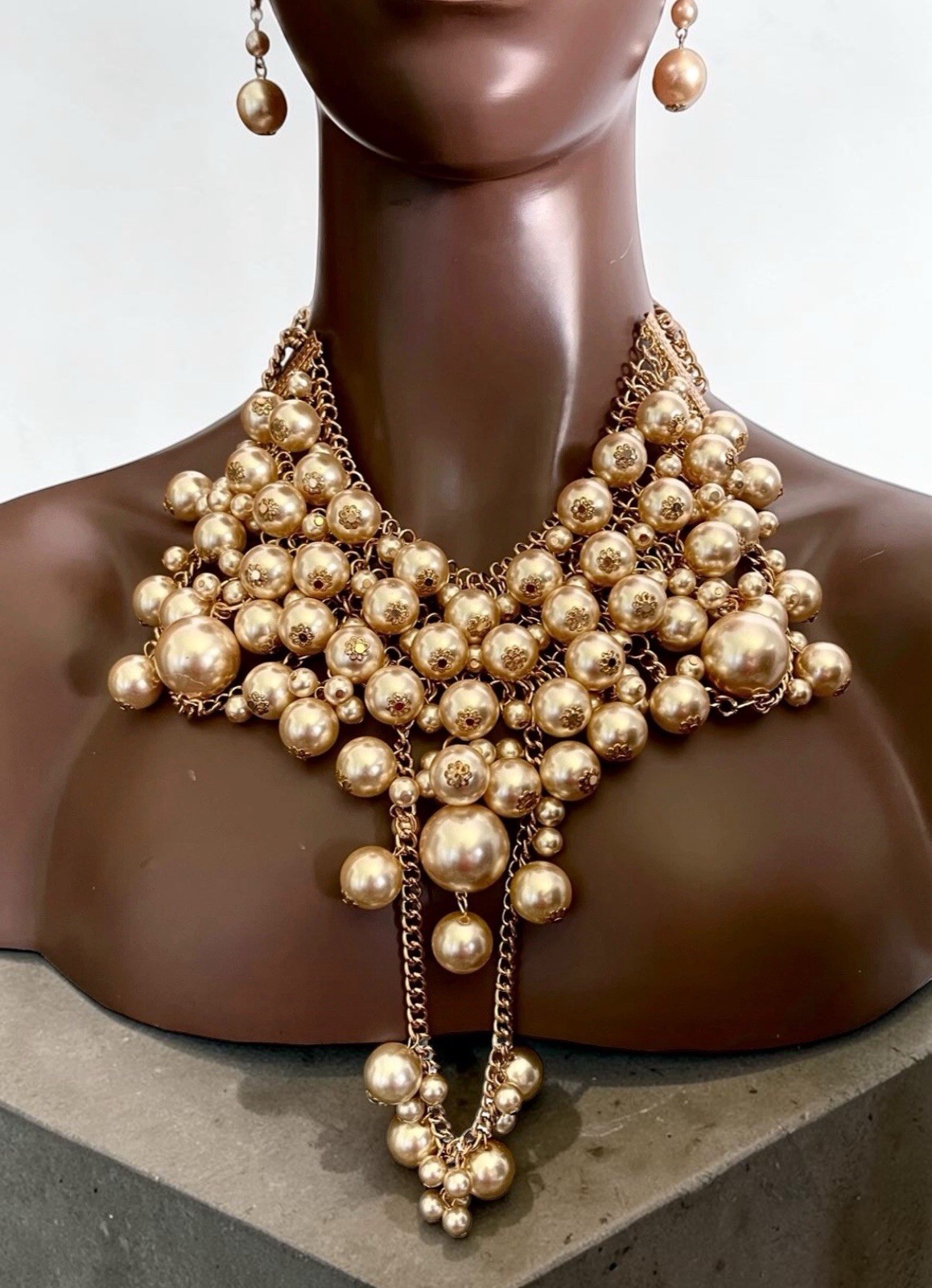 Champagne Light Brown Faux Pearl Statement Bib Necklace Earrings Jewelry Set