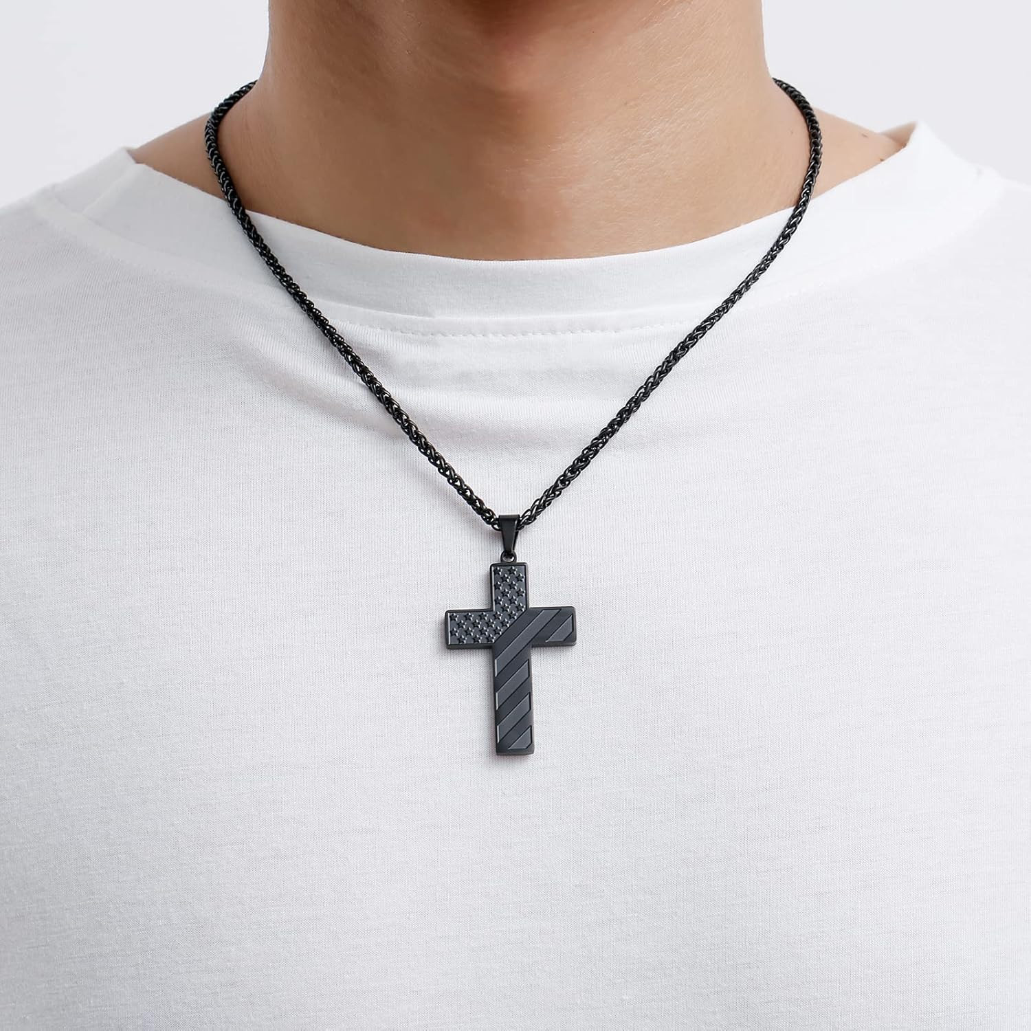 Fathers Day Dad Gifts – 18+2 Inch Cross Necklace for Men Boys,American Flag Bibl