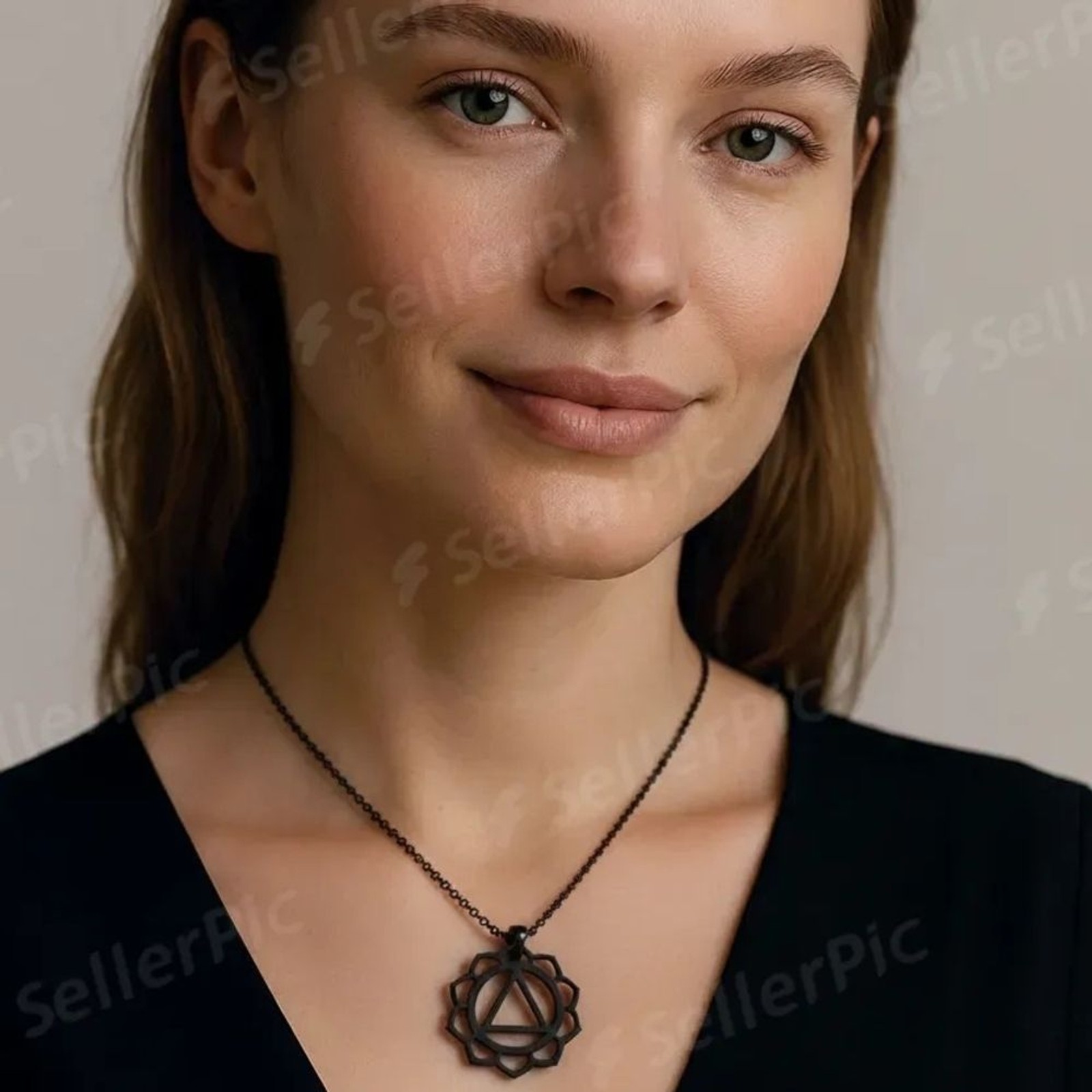 Black Geometric Stainless Steel Triangle Lotus Pendant Necklace