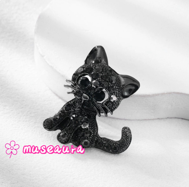 Vintage Rhinestone Gunmetal Black Cat Pin Vintage Style Statement