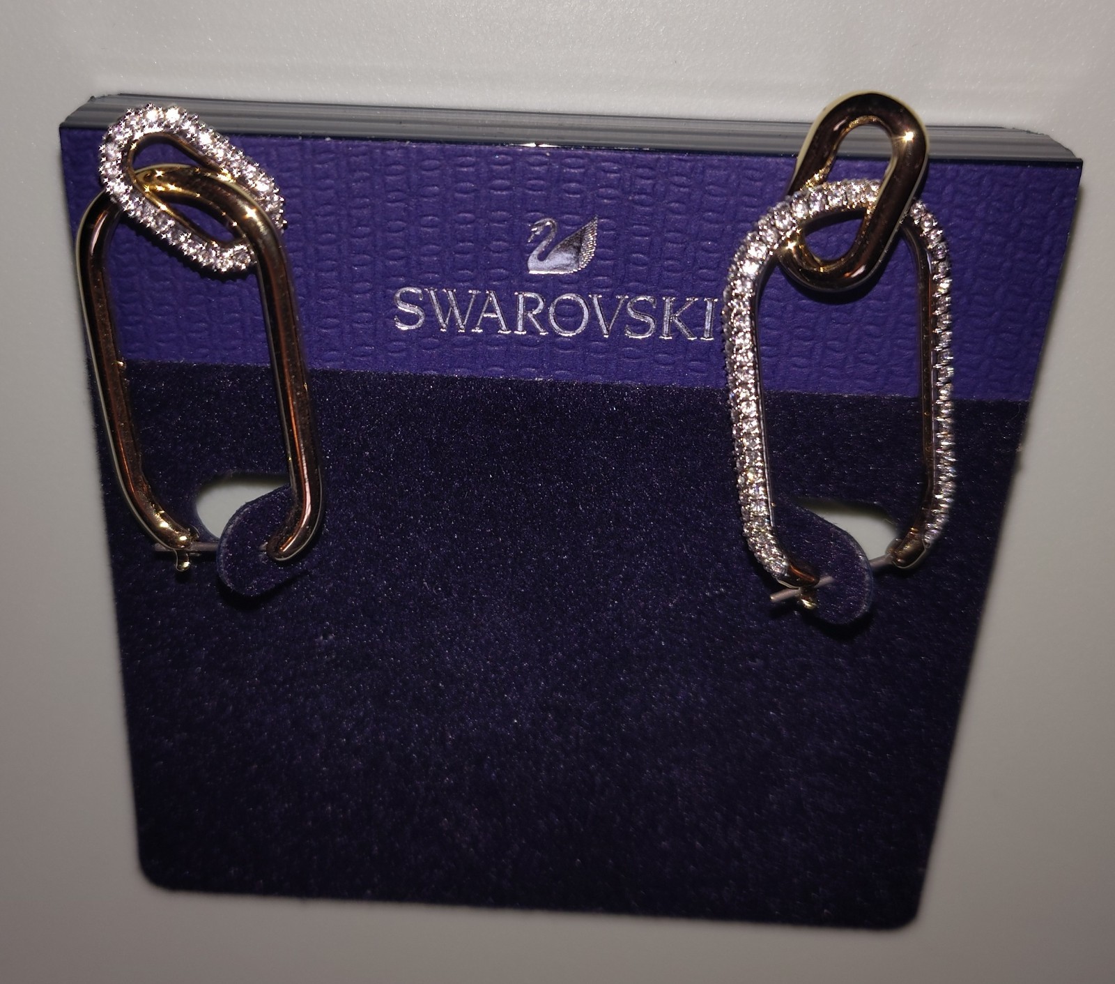 Swarovski Signed SWAN Pave Crystal Time Hoop Earrings Gold Tone Asymmetrical
