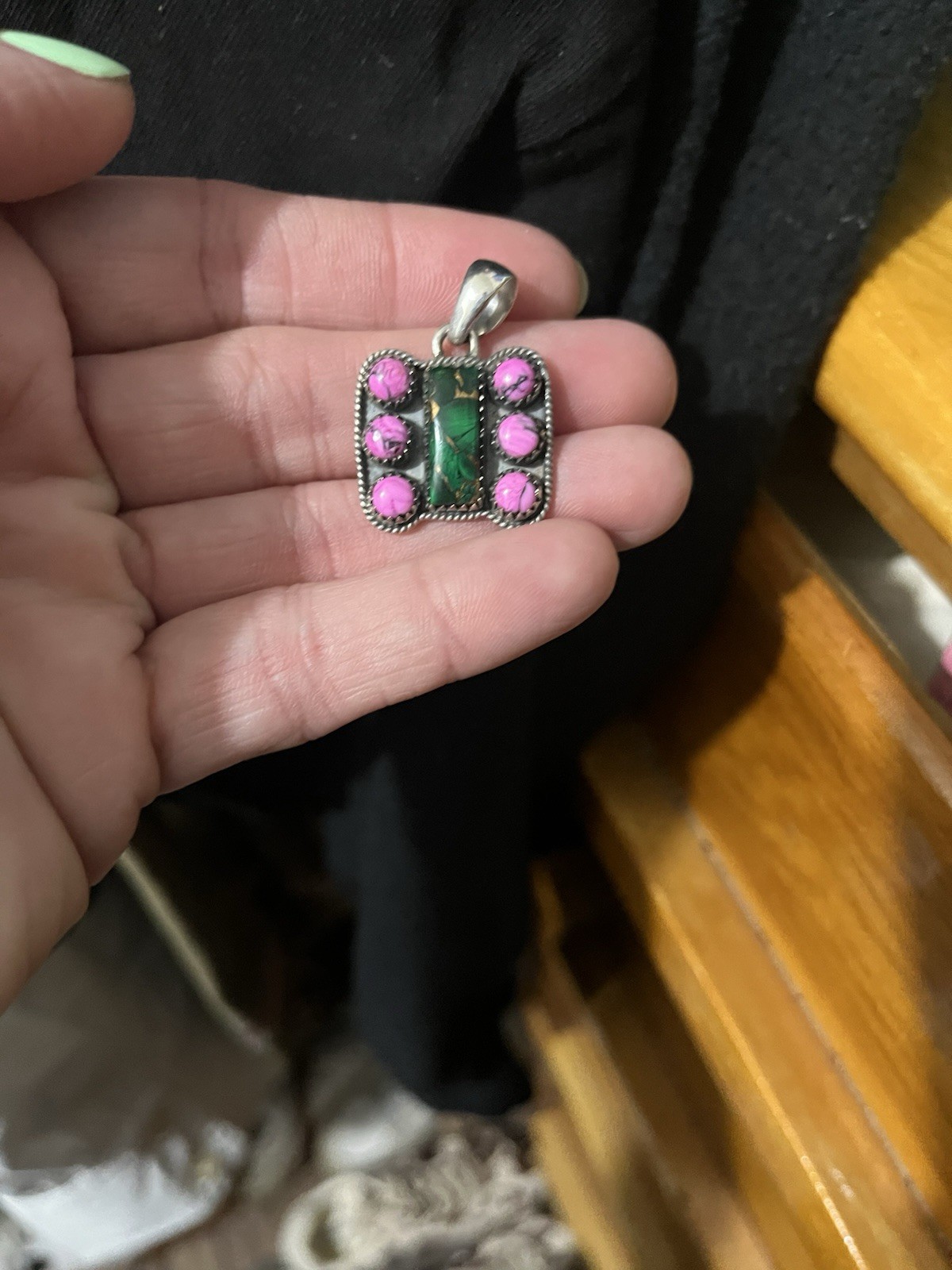 Sterling Silver Rectangle Pendant Charm Green Stone Pink Bezel Set