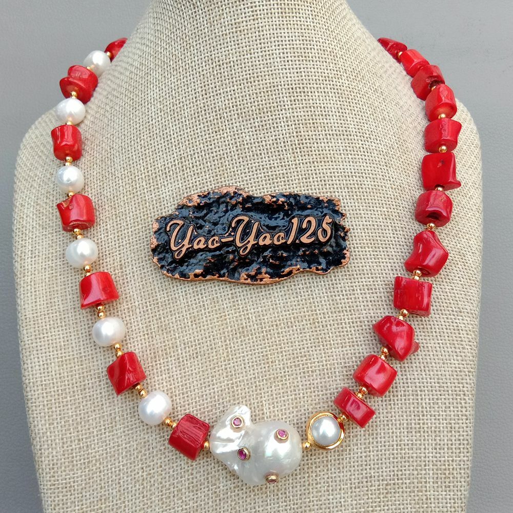 21″ Red Coral White Pearl Necklace White Keshi Pearl Cz pave Pendant