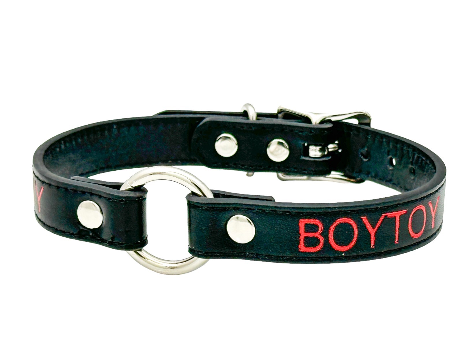 Name SILVER Ring RED Choker BDSM Collar Vegan Leather Necklace O Ring Fetish