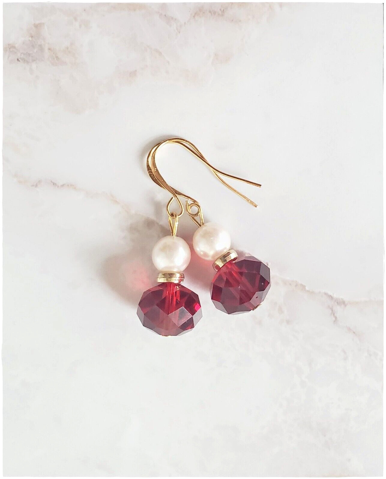 Pearl & Red Crystal Dangle Earrings Anniversary Wedding Birthday Gift for Women