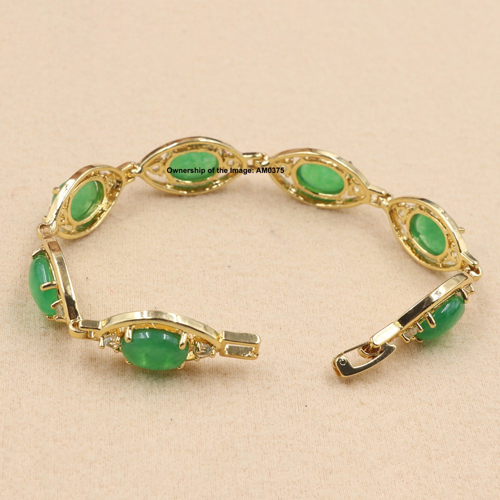 NEW Gold Plated Alloy 11mm Oval Heated Green Jade Women’s Bracelet 6.7inch