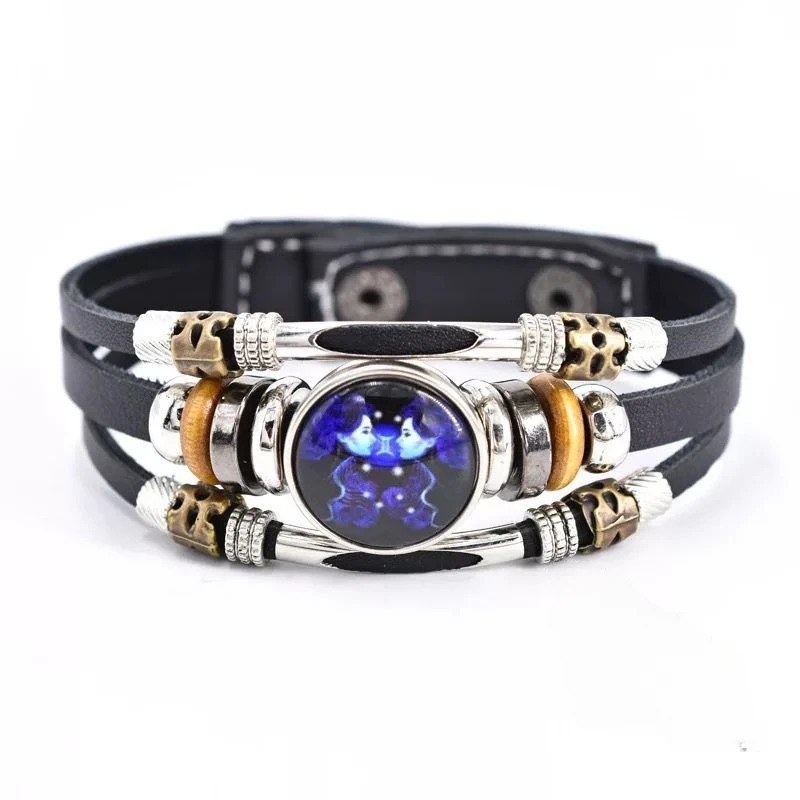 Zodiac Signs Spirit Bracelet, Beaded 12 Constellation Zodiac Leather Bracelet