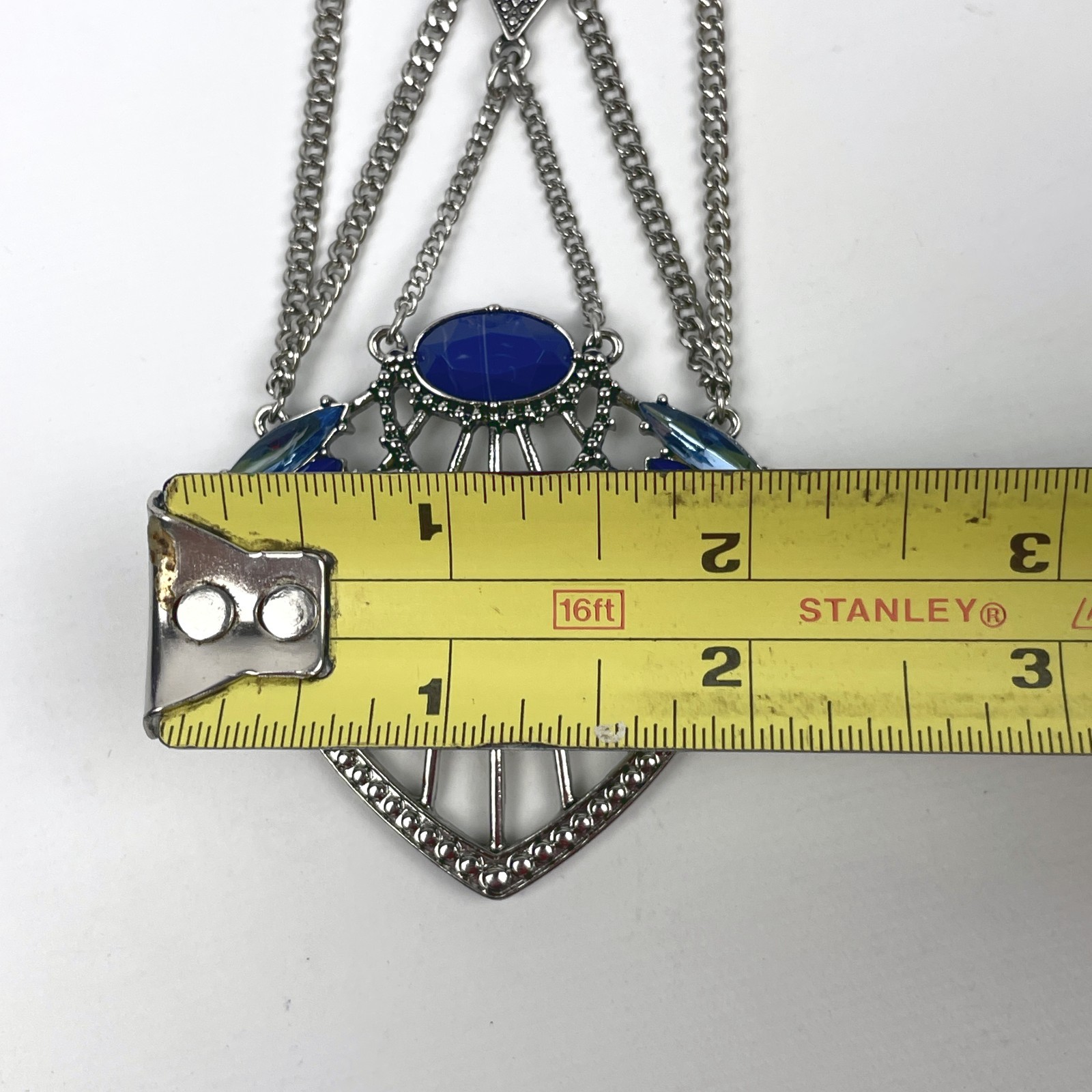 Blue Rhinestone Statement Pendant 23″ Necklace Multi Layer Cable Chain Boho