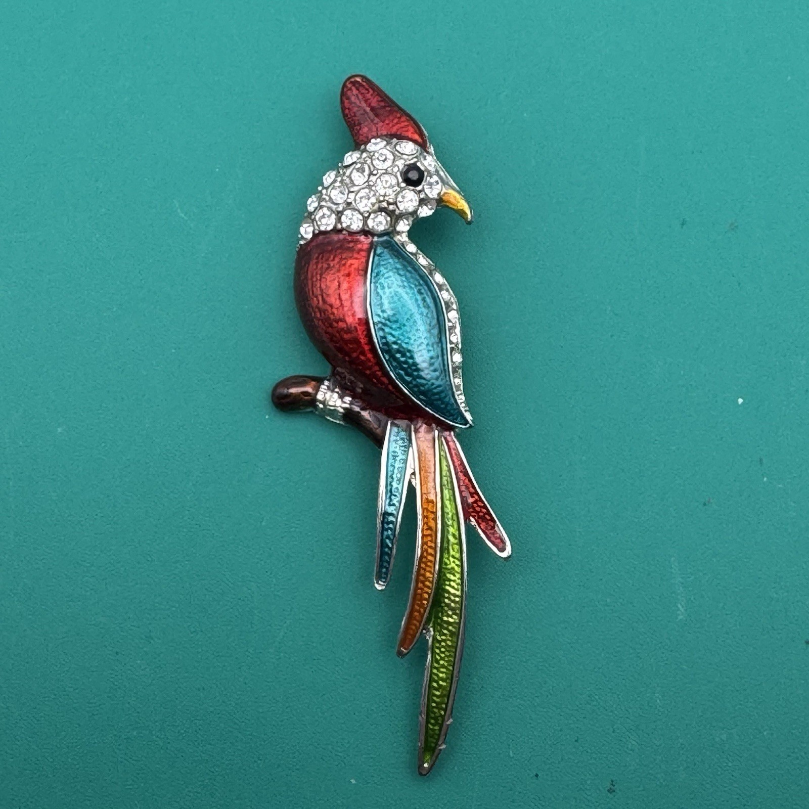 Silvertone Multicolor Enameled Rhinestone Parrot Bird Metal Brooch Pin