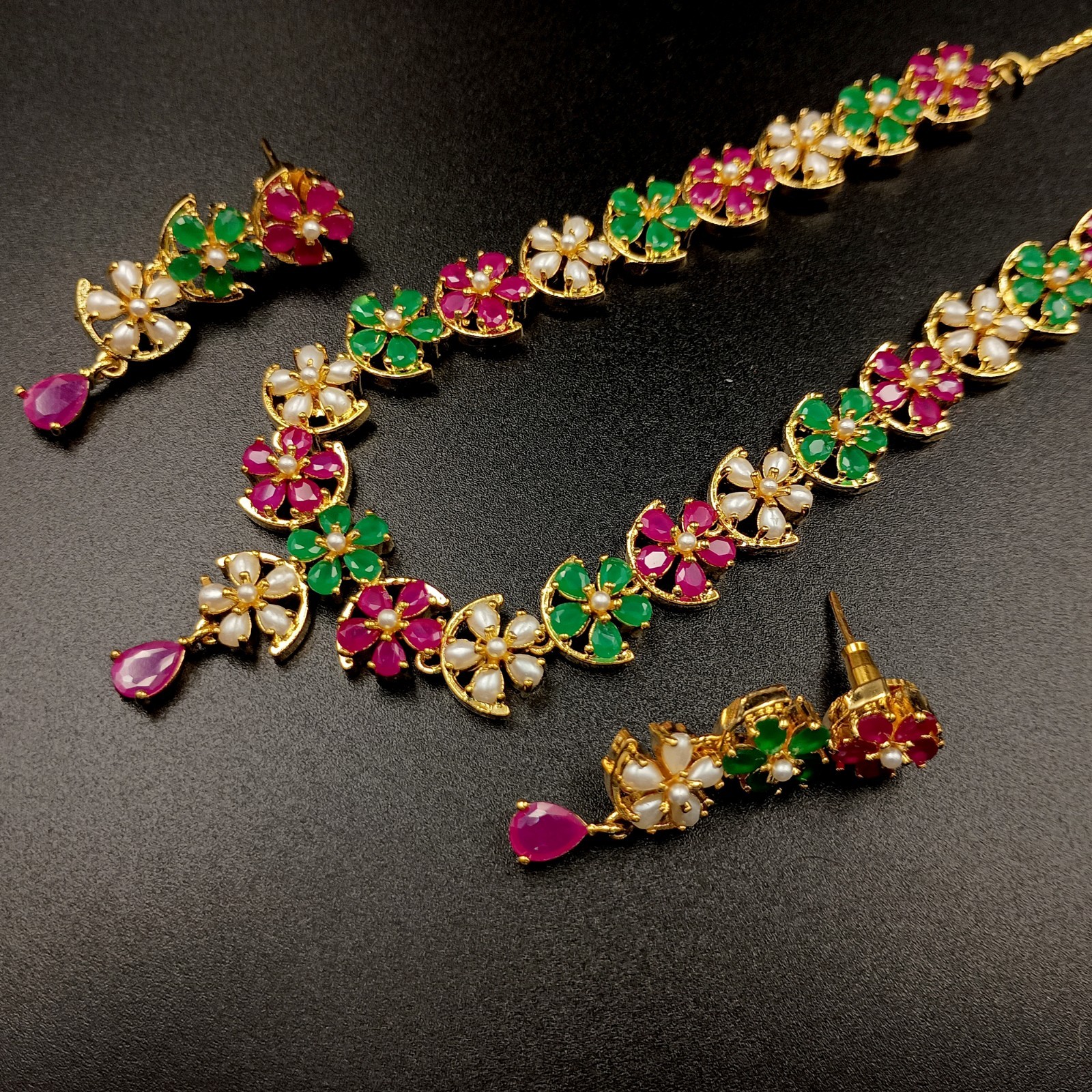 Vintage Flower Ruby Emerald Pearl Jewelry Set 22K Gold Plated Necklace Wedding G