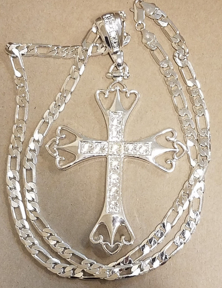 Men’s Silver Plated 30in Long 7mm Wide Figaro Chain & XL Crown CZ Cross Charm