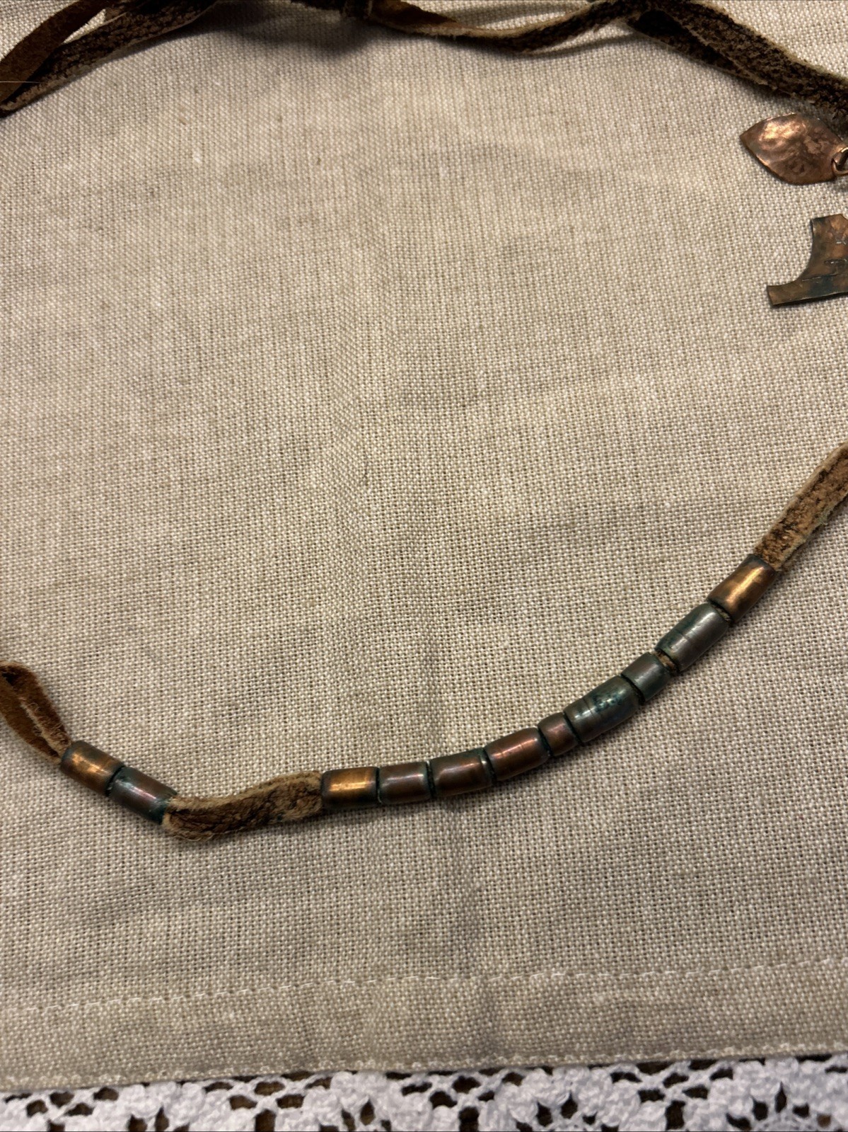 Set of Two Boho Tribal Style Necklaces Leather Cord Copper Metal Charms Beads