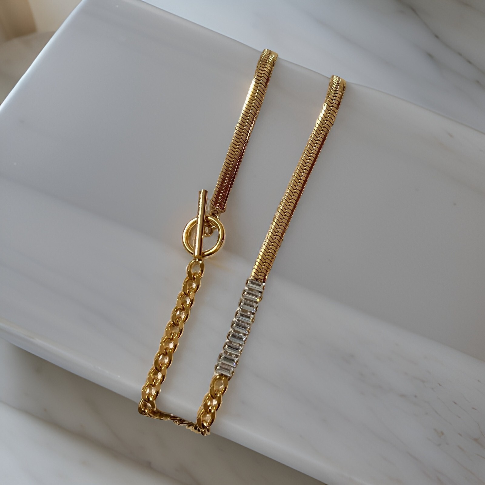 Women 18K Gold Plated Stainless Steel Buckle Cuban link chain mixed Snake Chain