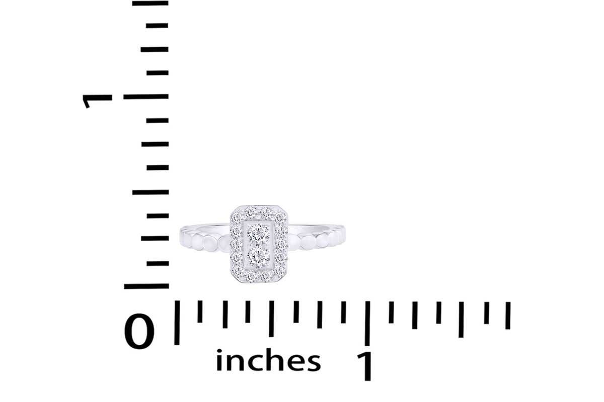 Baguette & Round Cut Simulated Diamond Beaded Halo Ring in 14k White Gold Plated