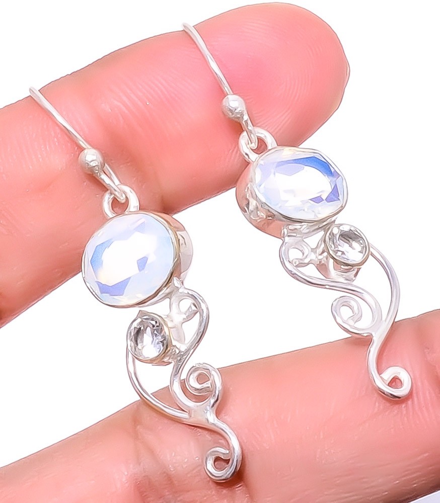 Milky Opal & White Topaz Silver Handmade Earring 1.76″ S2666