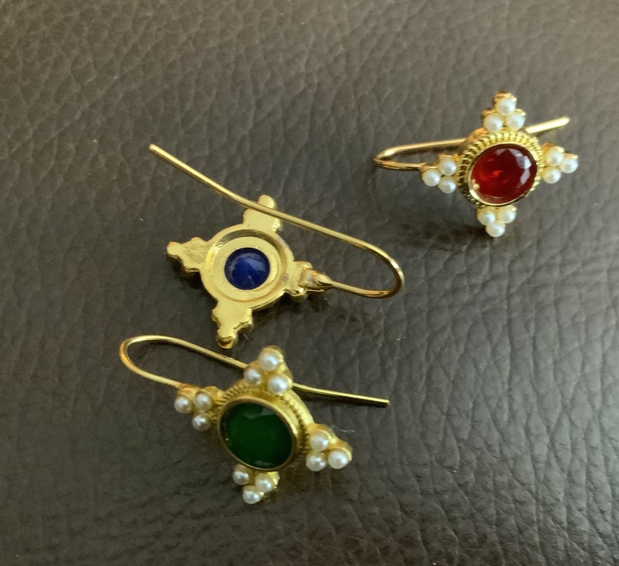Museum Earrings Blue Pearl Red Green Mix Match Gold Flower Court VTG Floral VTG