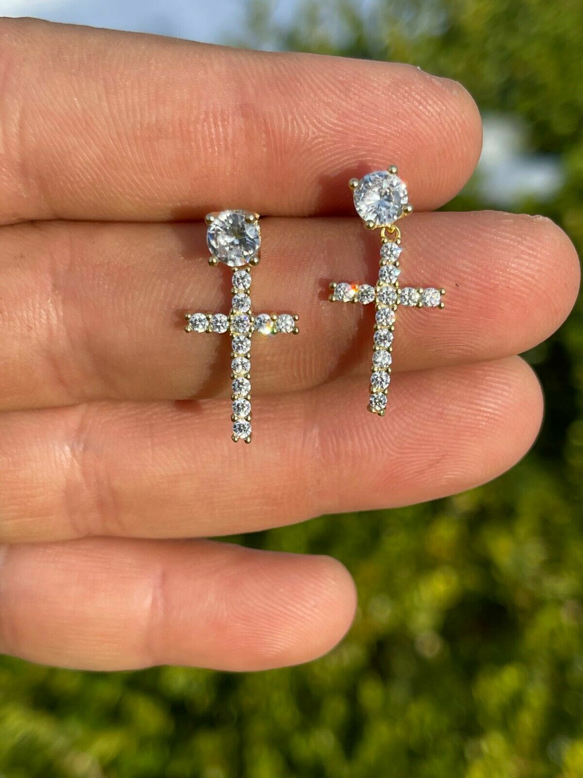 Real MOISSANITE 14k Gold Plated Dangle Cross Studs Earrings Iced Passes Tester