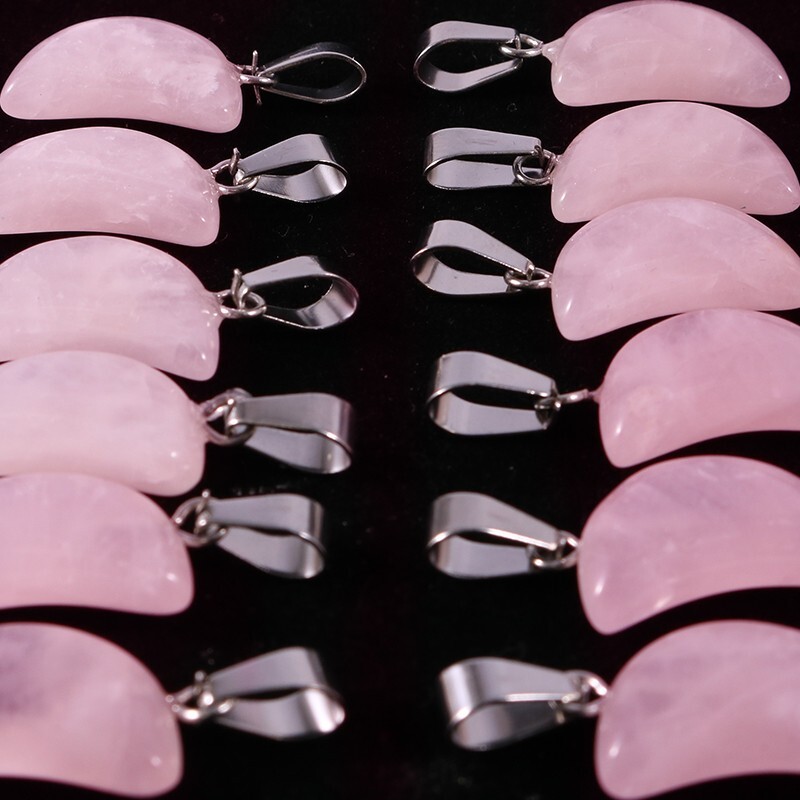 Natural Rose Quartz Moon Charm Healing Crystal Gemstone Pendant Beads 100Pcs