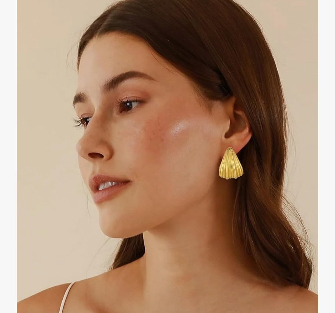 Earrings Gold Ribbed Teardrop C-Shaped J-Shaped Waterfall Texture Copper