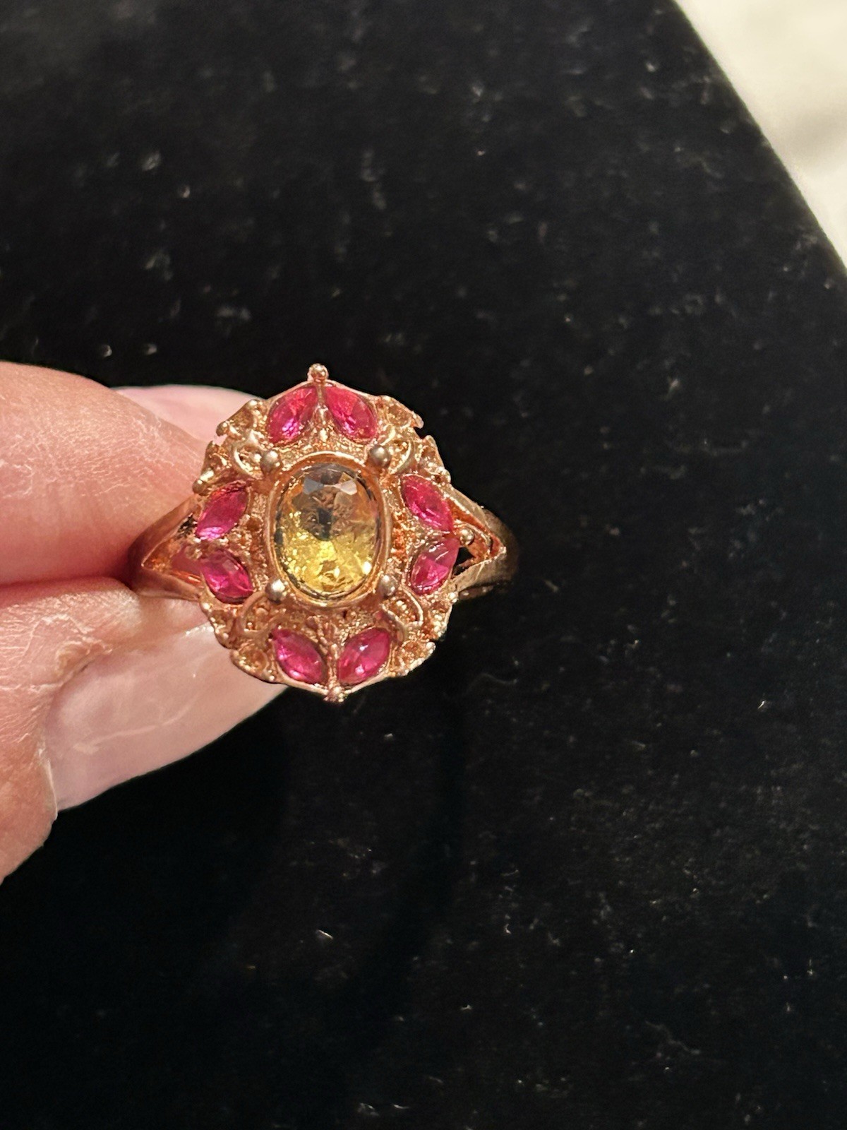 Gold-Tone Cocktail Ring Size 11 Oval Yellow Stone Pink Marquise Halo Prong