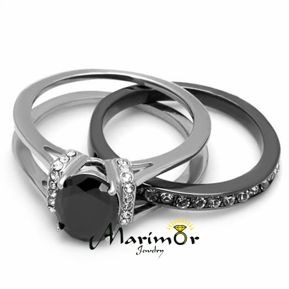 Stainless Steel 2.12 Ct Oval Cut Black Cz Two Toned Ion Plated Wedding Ring Set