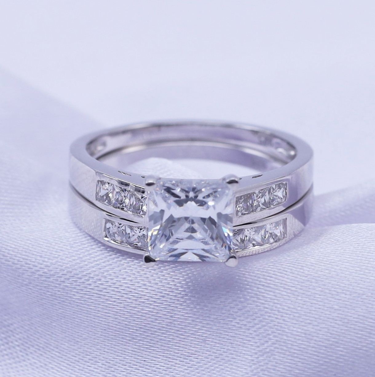 14k Gold Sterling Silver Princess Diamond Cut Engagement Ring Wedding Set
