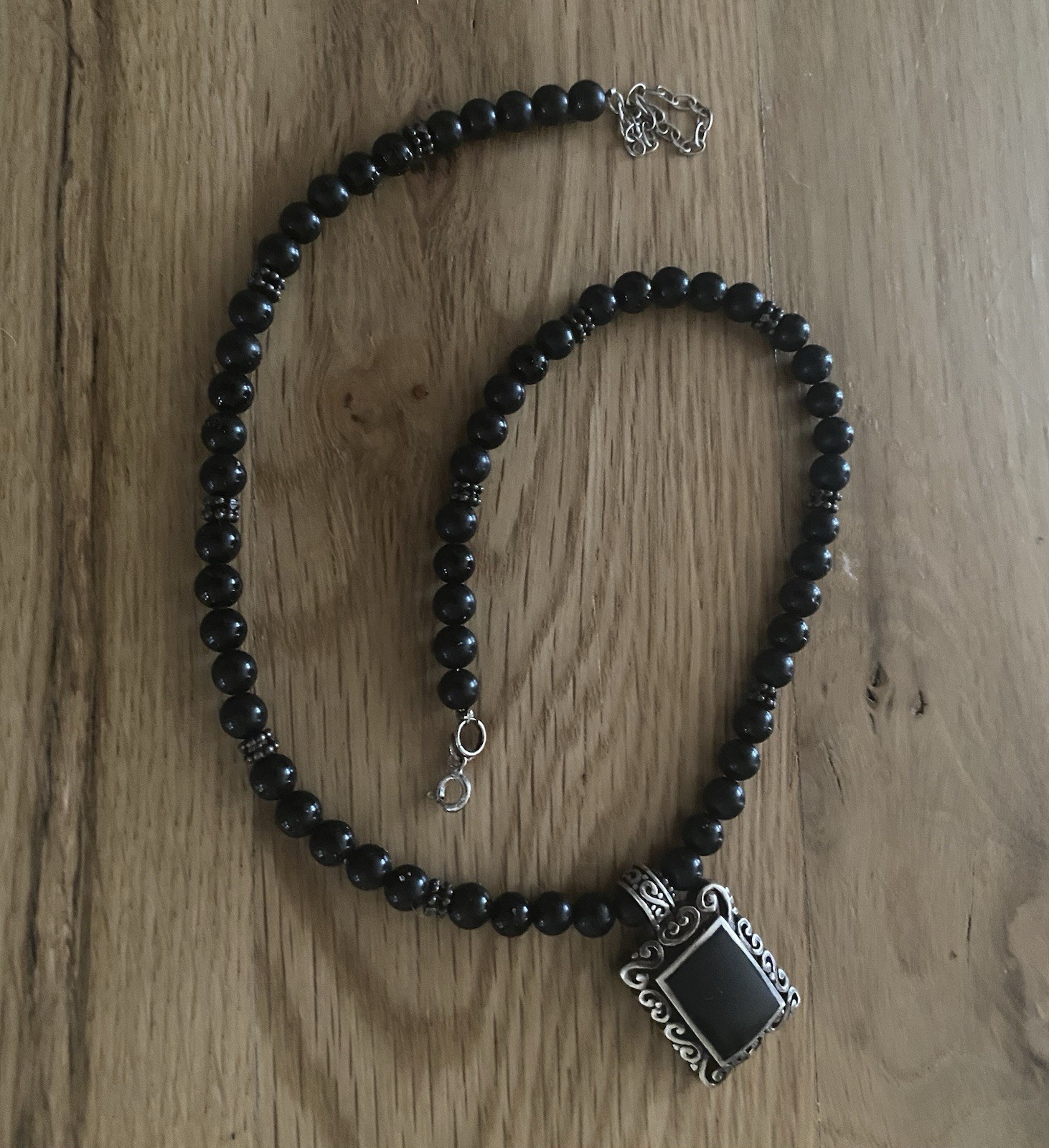 Black Onyx 925 Sterling Silver Beaded Necklace Rectangular Pendant 16-18” 30g