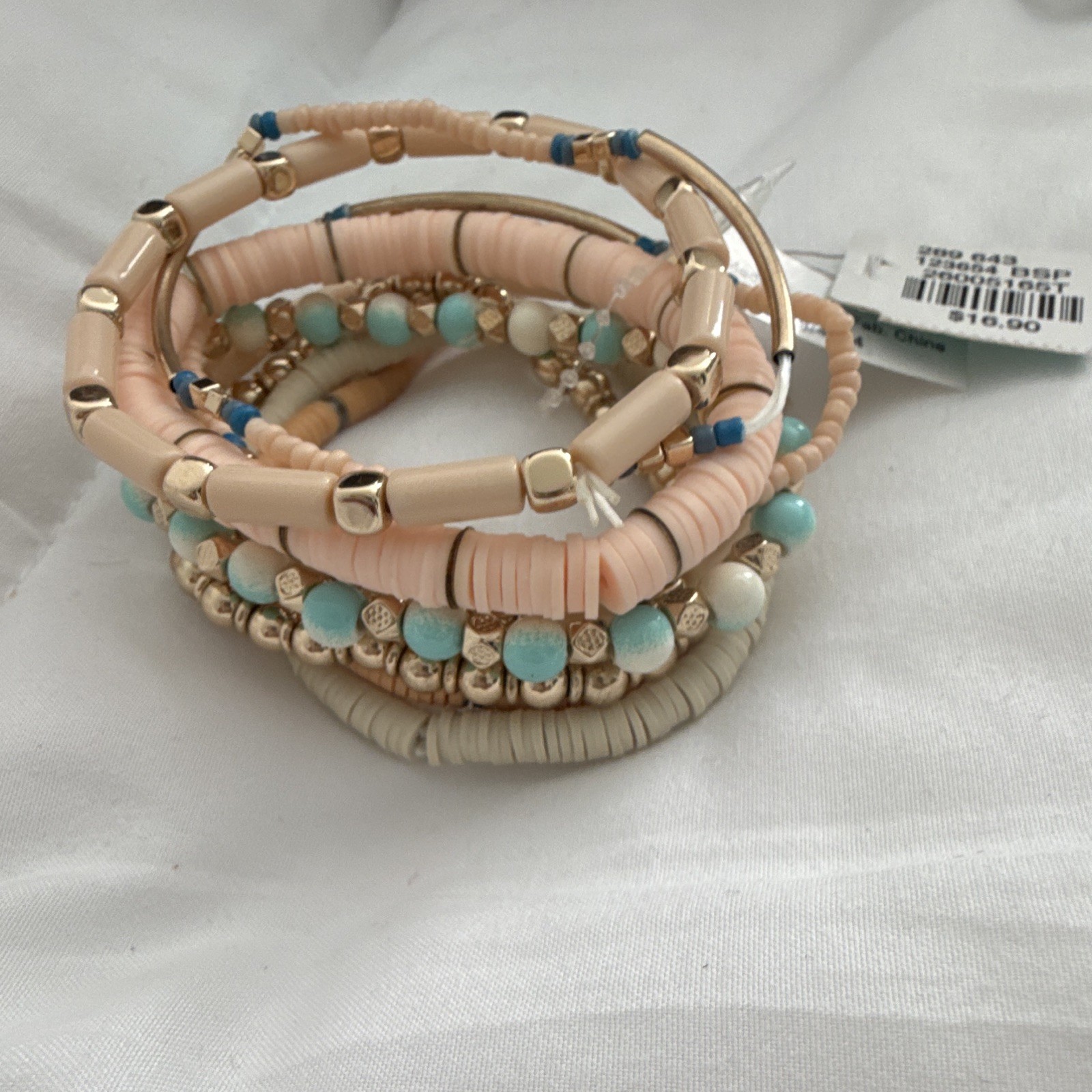 Stackable Beaded & Gold Tone Bangle Bracelet Set Pink Blue White Tan