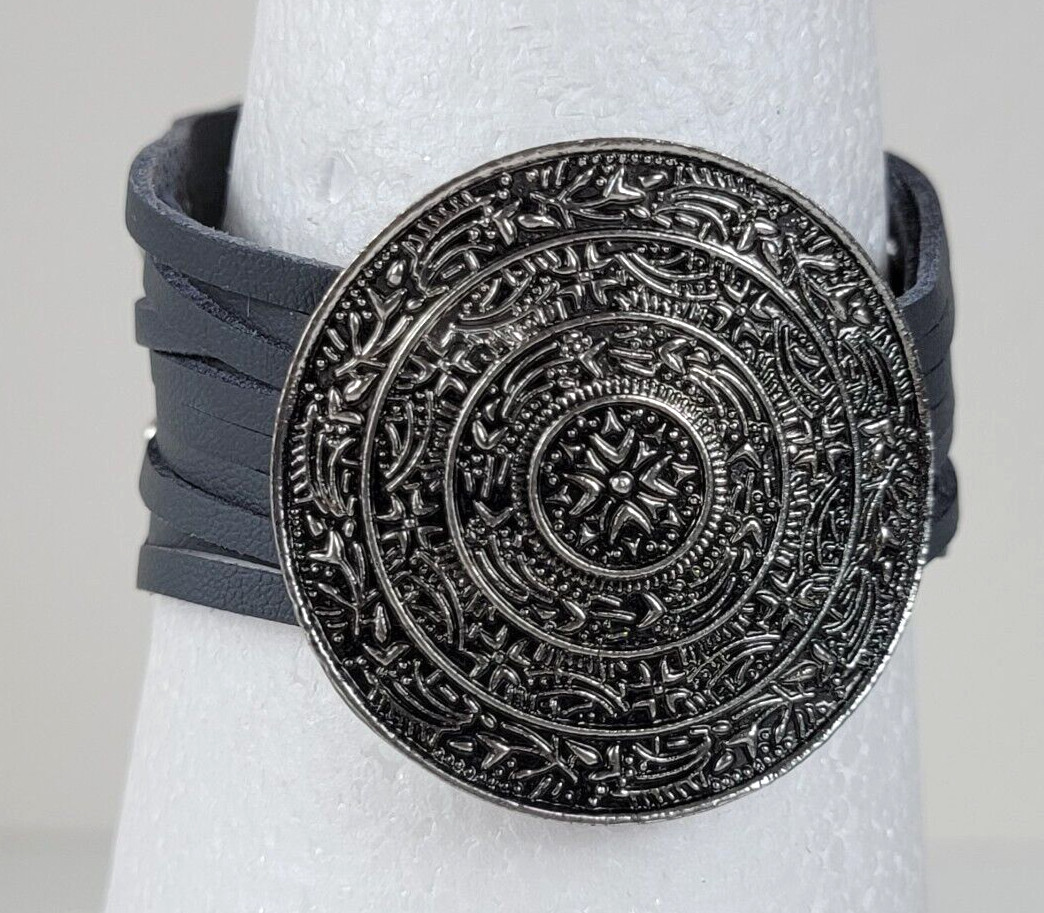 Gunmetal Tone Medallion Charm Gray Leather Cuff Bracelet 7.5-8.5 In