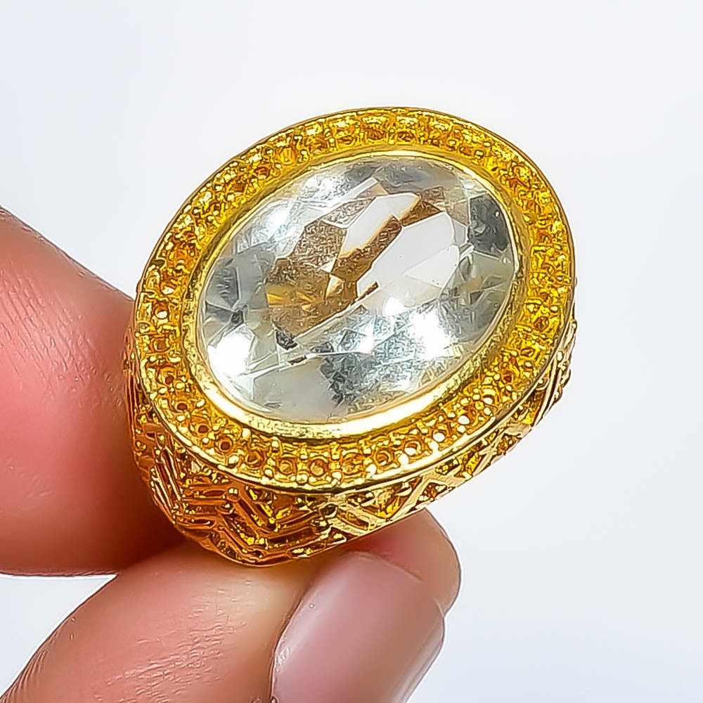 Natural Green Amethyst 18k Yellow Gold Plated Ring s.6 R495