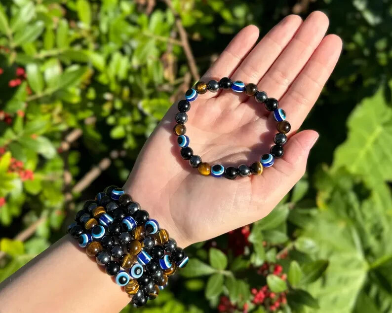 Evil Eye Triple Protection Bracelet – Gold Tiger Eye, Black Obsidian, & Hematite